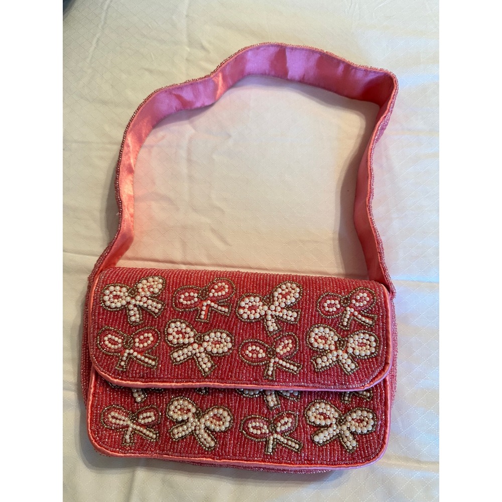 Rachel Zoe Pink Beaded Bow Bag Faux Pearl Embellished Shoulder Bag Baguette